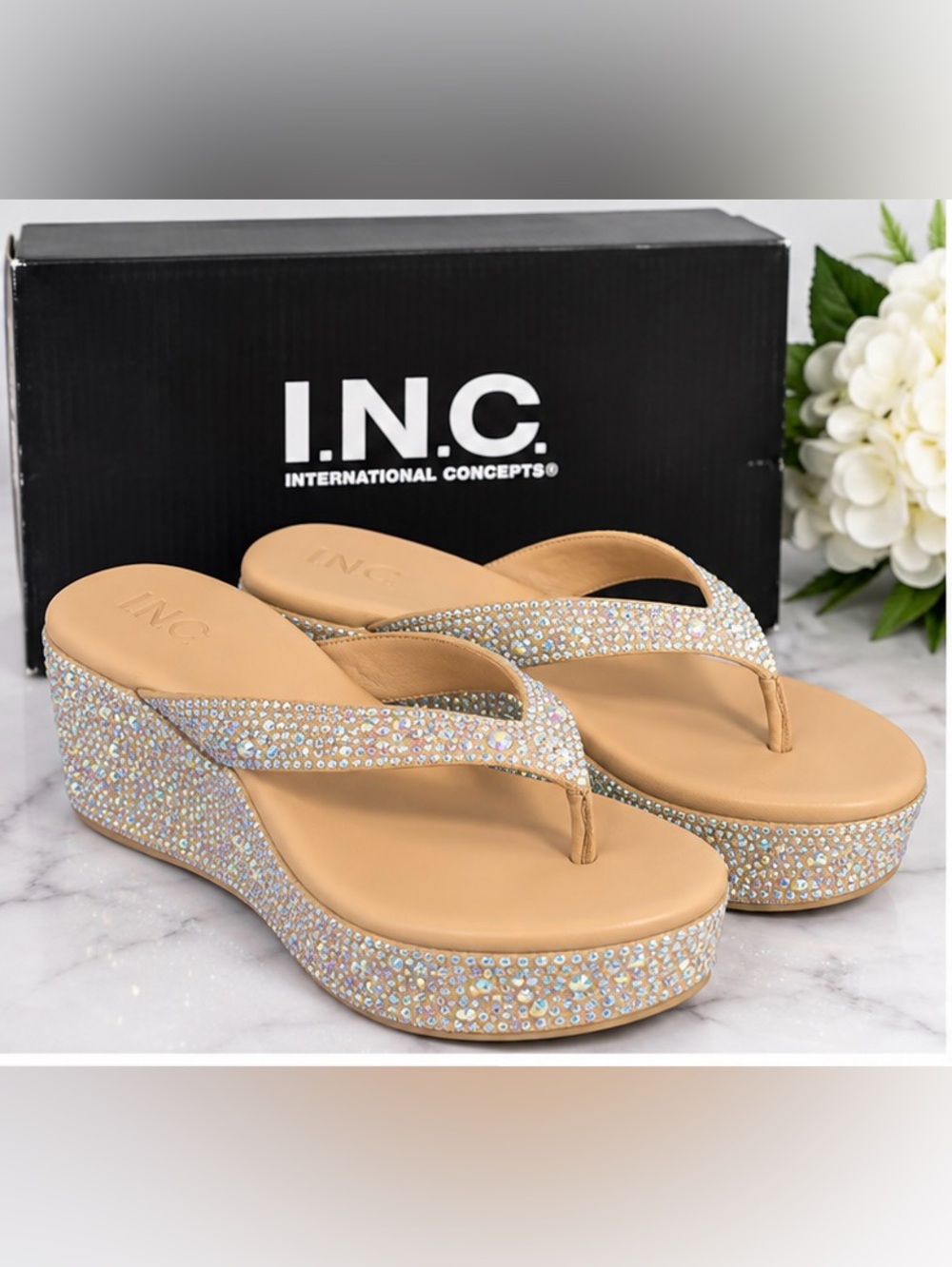 INC International Concepts Tan Rhinestone Platform Wedge Flip Flops